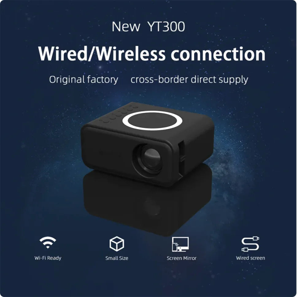 YT300 Mini Portable Projector, 1080P HD with Wired & Wireless Home Theater