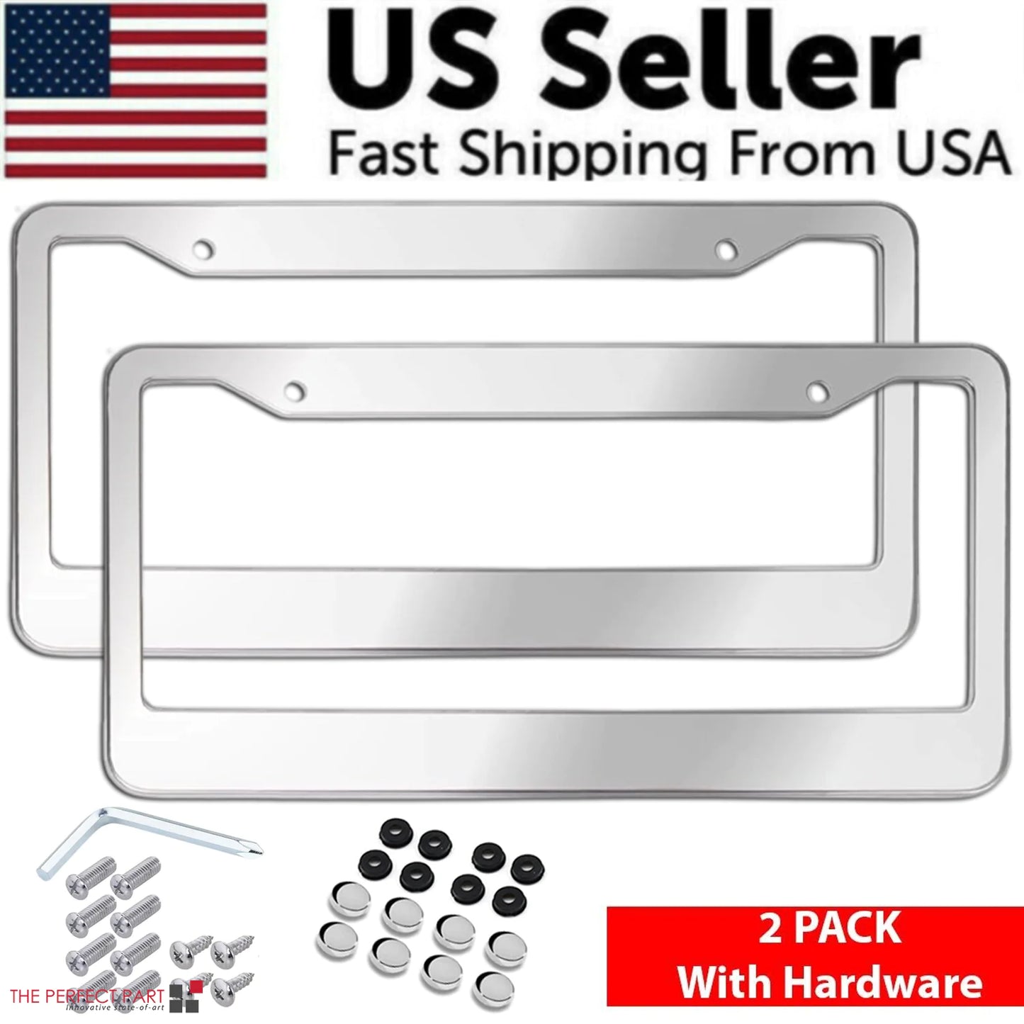 2PCS Chrome Stainless Steel Metal License Plate Frame Tag Cover With Screw Caps